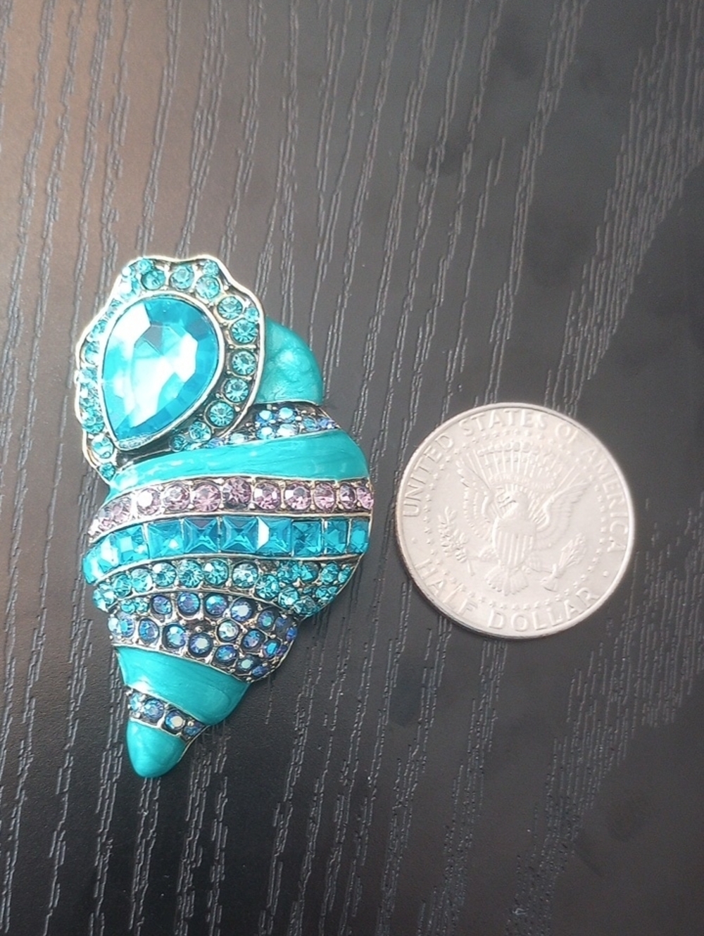 Turquoise Green Blue Rhinestone Conch Shell Brooch Pin - Picture 3 of 4